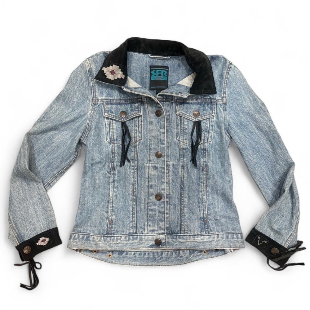 Vintage SFR Santa Fe Creation Denim Jacket with Suede & Aztec Patch - Picture 3 of 11